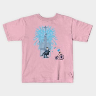 Fly blue bird in motorcycle Kids T-Shirt